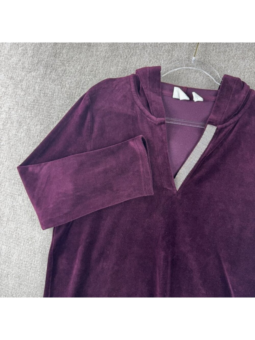 Chico's Zenergy Bling Velour V-Neck Side-Zip Hoodie Tunic L Rich Plum Cozycore